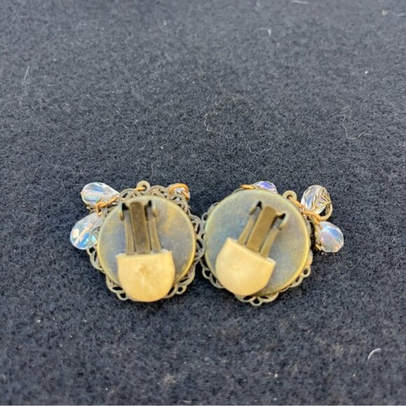 Vintage Banana Bob Bronze Iridescent Stone Dangle Clip On Earrings - Picture 9 of 12